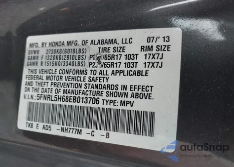 2014 Honda Odyssey Ex-L z USA, uszkodzony, nr VIN 5FNRL5H68EB013706